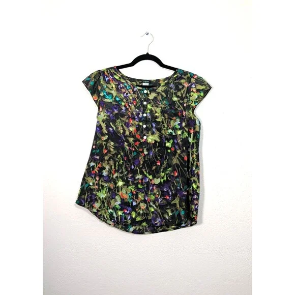 J.Crew Women M Abstract Floral Flutter Sleeve Button Front Blouse Scoop Neck - Picture 2 of 11